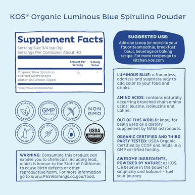 Kos Usda Organic Blue Spirulina Powder, Phycocyanin - Vegan Algae Superfood - Natural Food Coloring For Smoothies & Protein Drinks, Plant Based, Non Gmo - 27 Servings