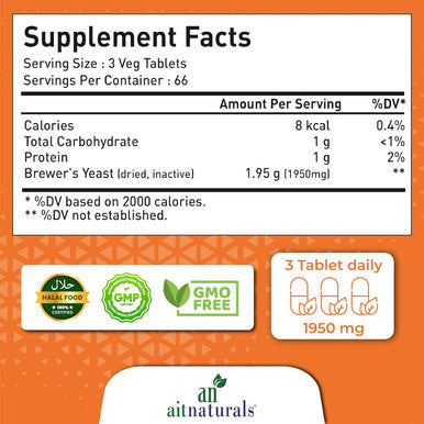 Aitnaturals Brewer's Yeast Tablets - 200 Tablets 1950mg | Supports healthy skin & hair Digestive and Immune Function Nutrient Balance Regulate blood sugar levels | Non-GMO Vegan Gluten-