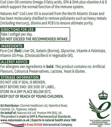 Natures Aid 1000mg High Strength Cod Liver Oil - Pack of 90 Capsules (Packaging May Vary)