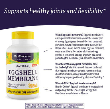 Healthy Origins - Eggshell Membrane (NEM), 500mg x 120 Vegetarian Capsules | Natural | Joint Supplement | Gluten-Free | Soy-Free | Dairy-Free