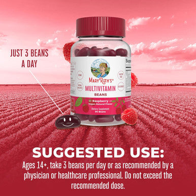 Maryruth Organics Multivitamin Multimineral Vita-Beans for Women & Men | Vegan Chewable Vitamins for Ages 14+ | Immune Support | Bone Health | Raspberry Flavor | 90 Count
