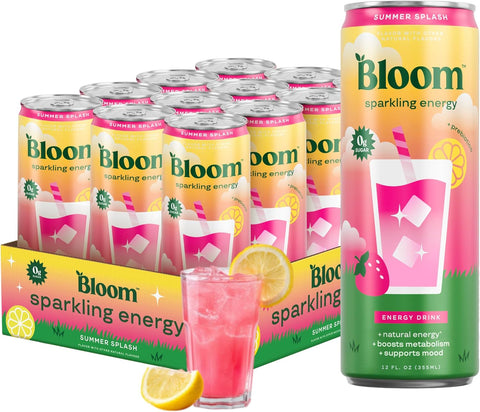 Bloom Nutrition Sparkling Energy Drink Minis, Raspberry Lemon & Strawberry Watermelon, 7.5oz 12 Pack