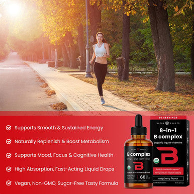 NutraChamps USDA Organic Vitamin B Complex Liquid Drops Sublingual B12 Methycobalamin | B1, B2, B3, B5, B6, B7, B9 | Methylated B Vitamins Complex for Women & Men | Biotin Niacinamide Folate & Folic Acid 2oz