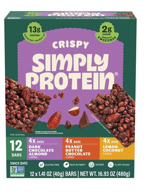 Simply Protein - Crispy Vegan Protein Bars Variety Pack, 3 Flavors - Plant Based, Protein Snacks - 13g Protein, 2g Sugar, 7g Fiber - Gluten Free, Non GMO, Kosher - 12 Bars