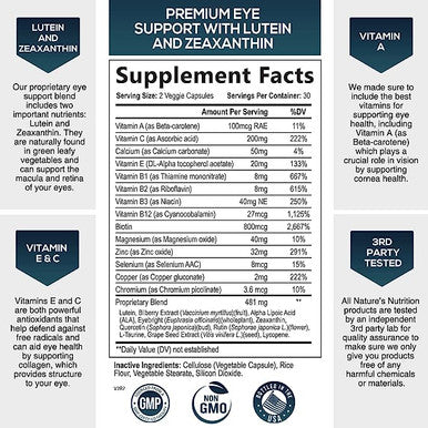 Eye Vitamin & Mineral Supplement - With Lutein, Zeaxanthin, Vitamin C, & Zinc - Natural Vision & Macular Health Support For Sensitivity & Dryness - 60 Capsules