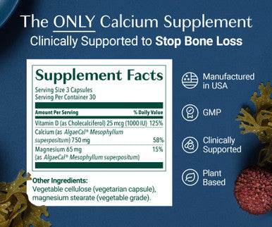 ALGAECAL- Plant Based Calcium Supplement with Vitamin D3 (1000 IU) for Bone Strength Contains 13 Minerals Supporting Bone Health Organic Calcium (750 mg) for Women & Men 90 Veggie Caps Made in USA