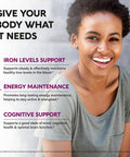 Iron Supplement For Women - Iron 65Mg (Ferrous Sulfate 325Mg) - Stomach Friendly Slow Release Iron High Absorption - Vitamins C, D3, B6, B12 & Folate - Iron Level & Energy Support - 60 Capsules