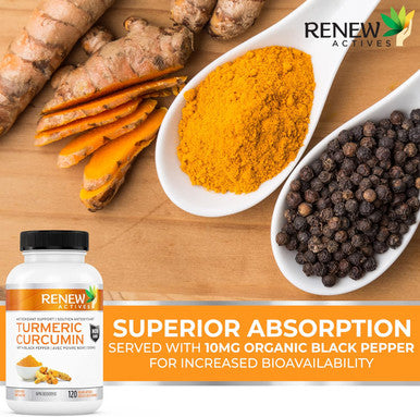 Renew Actives Turmeric Curcumin + Black Pepper - Digestive Aid, Promotes Liver Health - Wound Care - Health & Wellness Boost - 120 Capsules