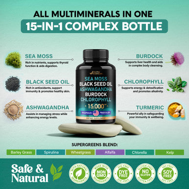 NUTRAHARMONY Irish Sea Moss | Black Seed Oil | Ashwagandha | Burdock | Chlorophyll | Supergreens - Made In Usa Pills - Natural Multi Supplements Blend - Immunity, Detox, Energy Support - 15000Mg, 90 Vegan Capsules