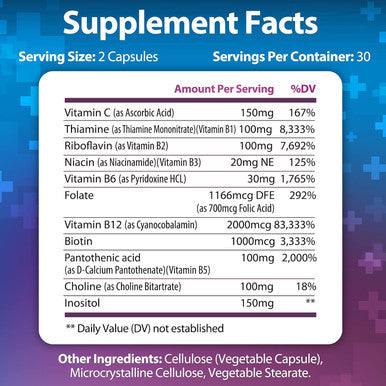 Built Nature Vitamin B Complex - All B Vitamins B1, B2, B3, B5, B6, B7, B9, B12, Folic Acid, Vitamin C - Super B-100 Supplement - Immune, Energy & Metabolism Support, Vegan, Non-Gmo, Gluten Free, 60 Capsules