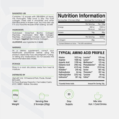 Multi Collagen Protein Powder (400g) - Types I, II, III, V & X - Hydrolyzed Grass Fed Bovine, Wild Caught Fish, & -Range Chicken & Eggshell Collagen. Non-GMO, Halal.