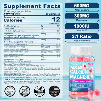 Calcium Supplement Gummy - Bone Strength With Algae Calcium 600Mg, Magnesium 300Mg, Zinc, D3 & B12 Complex - Plant-Based Calcium Magnesium 2:1 Ratio, Calcium Citrate Alternative, Gut-Friendly, 1Pack