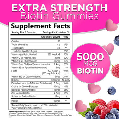Hair Growth Vitamins For Women - Hair, Skin & Nails Gummy With Biotin 5000Mcg, Vitamins E & C & Zinc, Thicker, Stronger & Beautiful Hair, Hair Vitamin Supplement For Women & Men, Non-Gmo - 60 Gummies