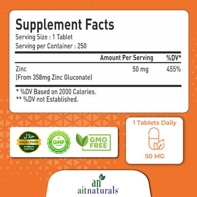 Aitnaturals Zinc Chelated (50mg) - 250 Tablets | Supports Immune System Antioxidant Health Restful Sleep Reduces Oxidative Stress Enhances Cognitive Function | Zinc for Overall Well-being