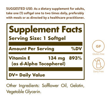 Solgar Vitamin E 200 Iu Alpha 100 Softgels - Antioxidant Healthy Aging Healthy Skin Immune System Support - Natural Source Vitamin E - Gluten Free Dairy Free - 100 Servings