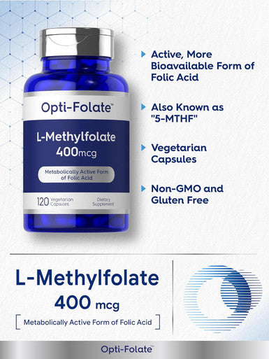 Carlyle L Methylfolate 400mcg | 120 Capsules | Vegetarian | Non-GMO Gluten | Optimized and Activated Methyl Folate | by Opti-Folate