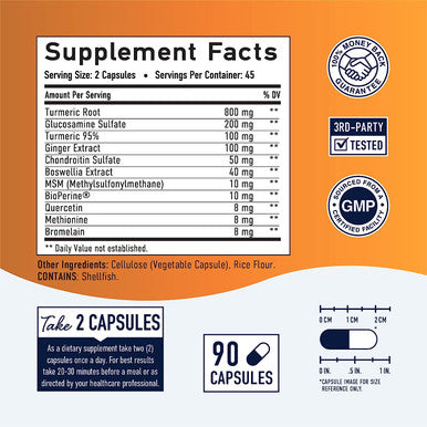 Turmeric Curcumin Supplement Complex - Turmeric Curcumin with Ginger, BioPerine Black Pepper, Boswellia, Glucosamine - 95% Standardized Curcuminoids - Joint Support Supplements*, 90 Capsules