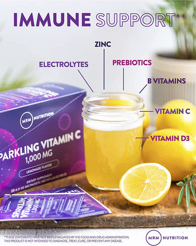 MRM Nutrition Sparkling Vitamin C 1000mg | with Vitamin D + zinc + prebiotics| Lemonade Flavored | Immune Health | Antioxidants + Electrolytes | Zero Sugar | 30 Servings