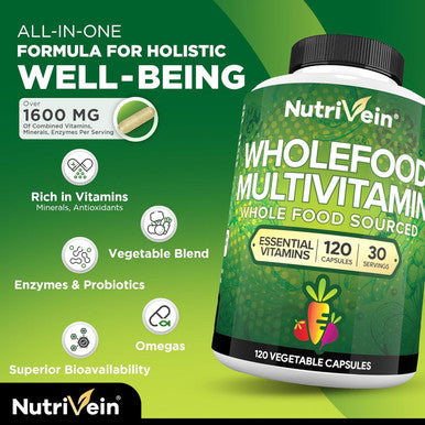 Nutrivein Whole Food Multivitamin - Complete Daily Vitamins For Men And Women From Natural Whole Foods, Real Raw Veggies, Fruits, Vitamin E, A, B Complex - 30 Day Supply (120 Capsules, Four Daily)