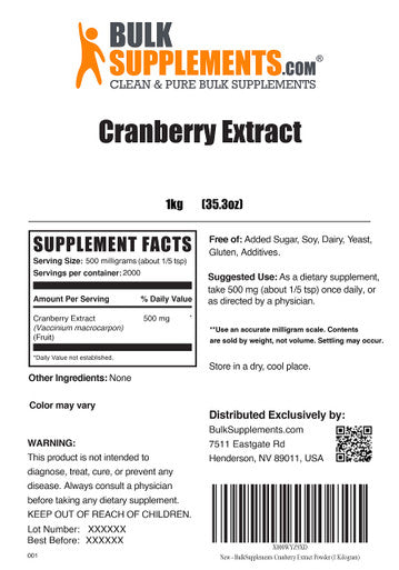 BulkSupplements Cranberry Extract Powder - Cranberry Supplements, Urinary Tract Health - - 500mg , 2000 Servings (1 Kilogram - 2.2 lbs)