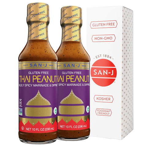 San-J - Spice of Life Variety Pack- Teriyaki, Orange Sauce, Szechuan, Thai Peanut - All Gluten Free Cooking Sauces - Non-GMO - 10 oz. Bottles - 4 Pack