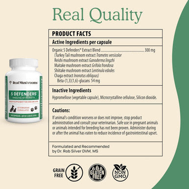 5 Defenders Mushroom Supplement For Cats & Dogs Chaga, Shiitake, Reishi, Turkey Tail, Maitake Cat Multivitamin & Dog Supplement For Wellness Support 90 Ct Real Mushrooms Powder Capsules