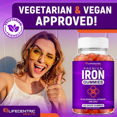 Lifecentrichealth Iron Gummies For Adults & Kids Biotin Zinc Vitamin B Folic Acid Gummies Vegan Gluten Blood Builder Anemia Supplements Tasty Energy Boosting Iron Supplement For Women & Men