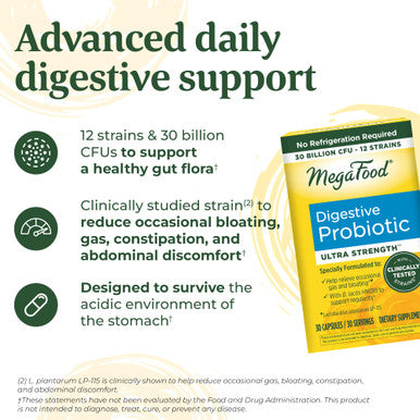 MegaFood Digestive Probiotic - 12 Strain Vegetarian Probiotics For Women & Men 30 Billion Cfus Support Gut Health Probiotics For Digestive Health Help Relieve Occasional Gas & Bloating 30 Capsules