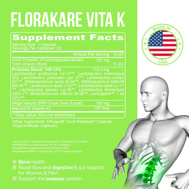 Florakare, Seniors Premium All In One - Bone Health, Blood Flow, Digestive & Gut Support For Women & Men, Vitamin K2, Grape Seed Extract Plus Lactobacillus And 12 Registered Probiotics - 30 Day Supply