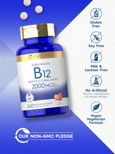Carlyle Vitamin B-12 | 2000mcg | 240 Fast Dissolve Tablets | Methylcobalamin | Natural Berry Flavor | Vegetarian Non-GMO & Gluten Sublingual Supplement