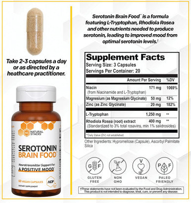 Natural Stacks Serotonin Brain Food W/L-Tryptophan & Rhodiola Rosea - Mood Support Supplement - Promotes Positive Mood, Calmness, Stress Relief - Happy Mood & Brain Support Supplement - 60 Capsules