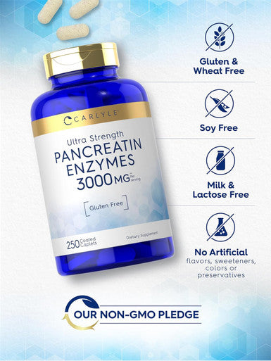 Carlyle Pancreatin Digestive Enzymes | 3000mg | 250 Caplets | Non-GMO Gluten | High Potency Formula