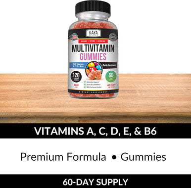 Kaya Naturals Adult Multi Vitamin Gummy, 120 Count, Biotin, Vitamin A, C & E, Including Zinc &Vitamin B-12, Folic Acid, Strawberry Flavor (120 Gummies)
