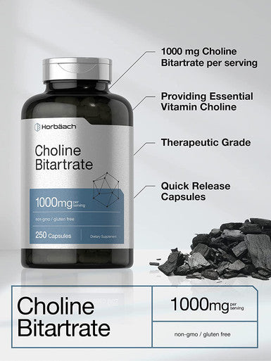 Choline Bitartrate | 1000mg | 250 Capsules | High Potency | Non-GMO, Gluten Free Supplement | by Horbaach