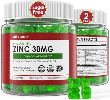 Zinc Gummies 30Mg, High Absorption Fermented Zinc Supplements + Copper, Selenium, Vitamin C & D, Black Elderberry, Zinc Complex For Daily Immune Support, Powerful Antioxidant, Vegan, Sugar 2 Pack