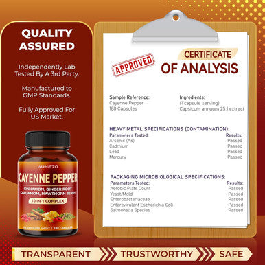 Aumeto Cayenne Pepper Capsules - Ultra complex with Cinnamon Ginger Cardamom Hawthorn Berry - Support Digestion Circulation & Overall Wellness (180 count (pack of 1))