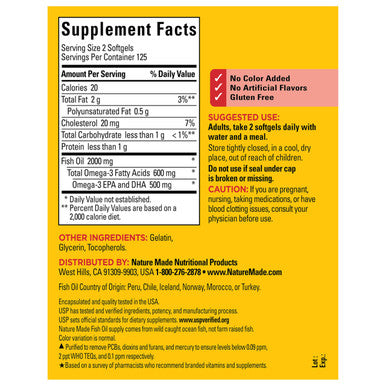 Nature Made Fish Oil Omega 3 Supplements 2000Mg Per Serving Softgels Omega 3 Fish Oil For Healthy Heart Support 250 Softgels 125 Day Supply