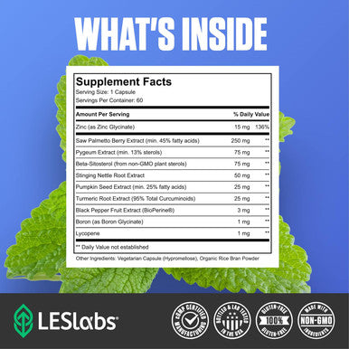Les Labs Prostate Health Prostate Support, Urinary Tract Health, Fewer Bathroom Visits & Improved Sleep Saw Palmetto, Pygeum, Beta Sitosterol & Nettle Root Non-Gmo Supplement 60 Capsules