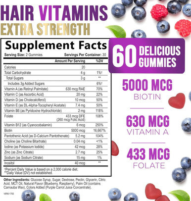 Hair Growth Supplement Gummy For Stronger, Radiant Hair, Skin & Nails - Hair Vitamins With Biotin 5000 Mcg And Vitamin E & C, Nature'S Extra Strength Hair Vitamins For Women & Men - 60 Gummies