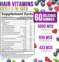 Hair Growth Vitamins Gummies with Biotin 5000 mcg Vitamin E & C, Premium Vegetarian, Non-GMO, Support for Stronger, Beautiful Hair, Skin & Nails, Women's Berry Supplement - 120 Gummy Hearts