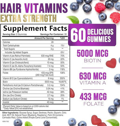 Hair Growth Vitamins Gummies with Biotin 5000 mcg Vitamin E & C, Premium Vegetarian, Non-GMO, Support for Stronger, Beautiful Hair, Skin & Nails, Women's Berry Supplement - 120 Gummy Hearts