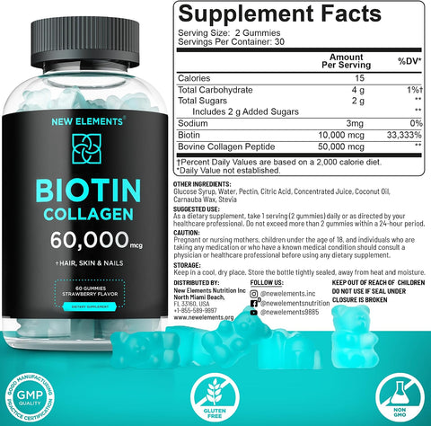 Elements Biotin & Collagen Peptides Gummies - 50000Mcg Collagen + 10000Mcg Biotin Hair Skin & Nails Support For Men & Women Hair Growth Glowing Skin & Strong Nails Non-Gmo Chewable Great-Tasting