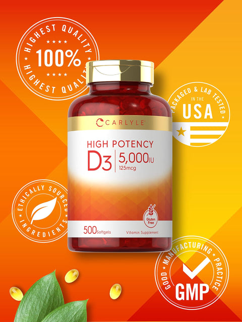 Carlyle Vitamin D3 5000 IU Softgels 500 Count Value Size NonGMO and Gluten Free Supplement High Potency Formula 125mcg