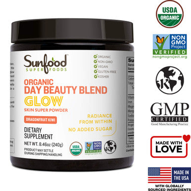Sunfood Day Beauty Blend Glow. Organic Drink Powder Mix for Healthy Skin. Supports Natural Glow & Locks in Moisture. Mineral Complex, Bamboo Silica, Tremella Mushrooms - 8.46 oz. 30 Servings