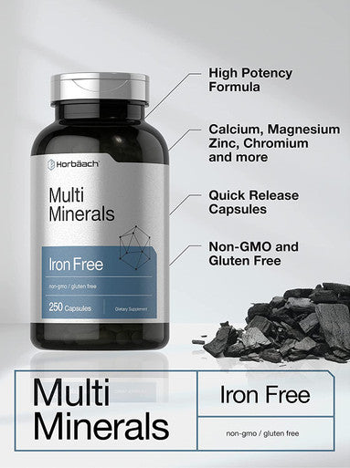 Multi Minerals Supplement | 250 Capsules | Iron Free | Non-GMO, Gluten Free | Complex for Women and Men | by Horbaach