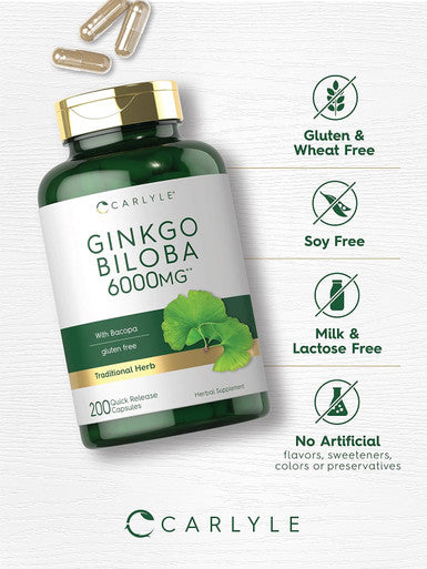 Carlyle Ginkgo Biloba Pills | 6000mg | 200 Capsules | Maximum Strength | Non-GMO Gluten Supplement