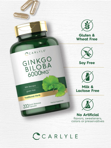 Carlyle Ginkgo Biloba Pills | 6000Mg | 200 Capsules | Maximum Strength | Non-Gmo, Gluten Free Supplement