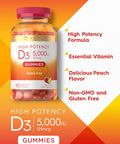 Carlyle Vitamin D3 Gummies | 5000 iu | 90 Count | Peach Flavored Gummy | High Potency for Adults | Vegetarian Non-GMO Gluten Supplement