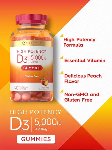 Carlyle Vitamin D3 Gummies | 5000 iu | 90 Count | Peach Flavored Gummy | High Potency for Adults | Vegetarian Non-GMO Gluten Supplement