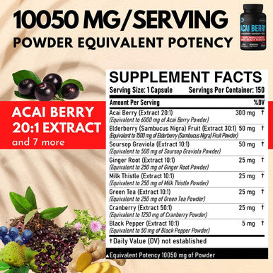 Dedicad 20:1 Acai Berry Extract Capsules 10050Mg - 5 Month Supply - Herbal Complex Supplement For Heart, Immune & Body Support
